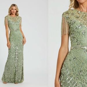 MAC DUGGAL 4908 high neck sleeveless beaded fringe fitted sage GOWN sz 4